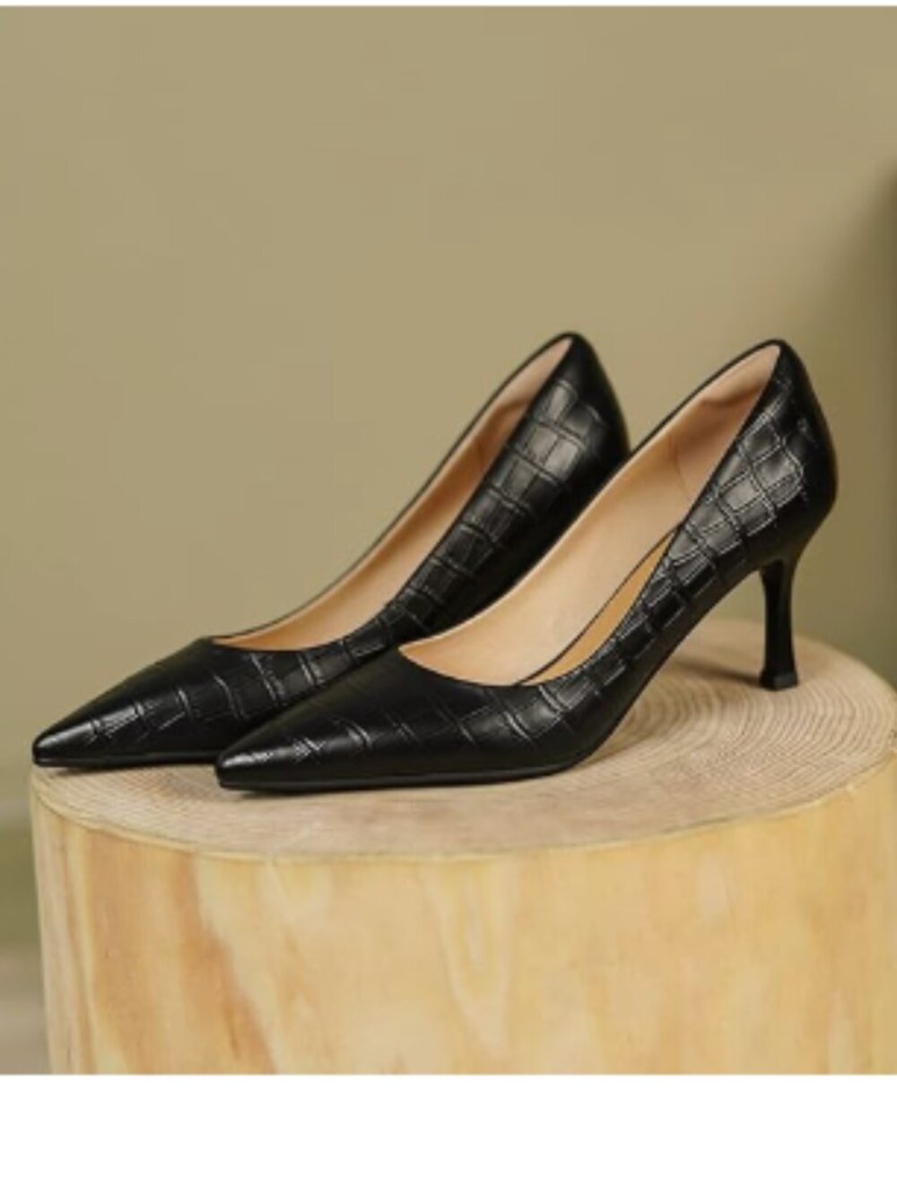 FOWT Black Simple Solid Croc-Embossed Pointed Toe Pump Women Dressy Slip on Shoe